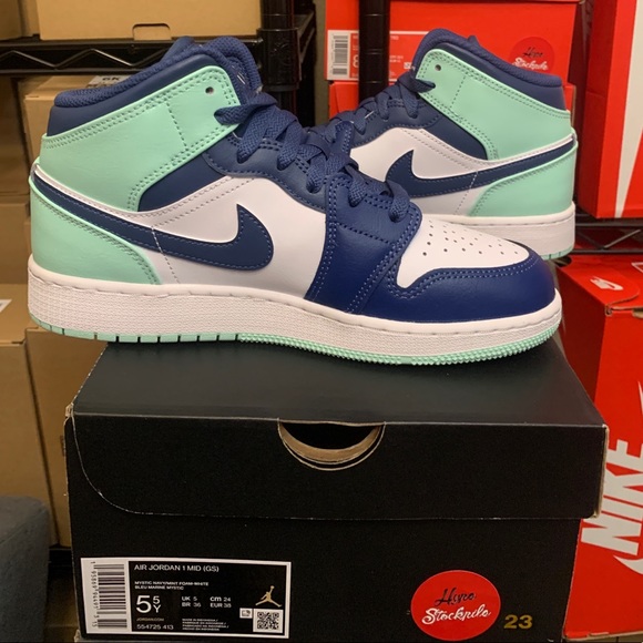 Nike Air Jordan 1 Mid Mystic Navy Blue Mint Foam Shoes 554724-413 554725-413 - Picture 5 of 10